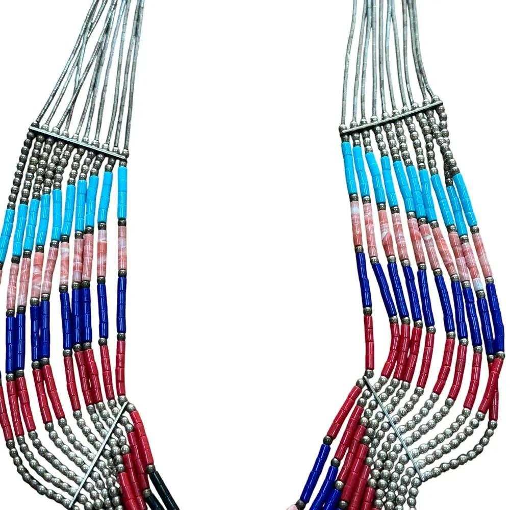 Sterling Silver beaded multistrand bib necklace southwestern gemstones signed